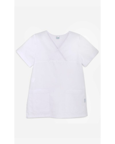 Casaca Mujer Cuello Pico Cruzado. Blanco.  65% Poliéster - 35% Algodón