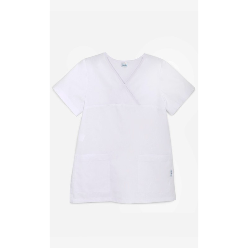 Casaca Mujer Cuello Pico Cruzado. Blanco.  65% Poliéster - 35% Algodón