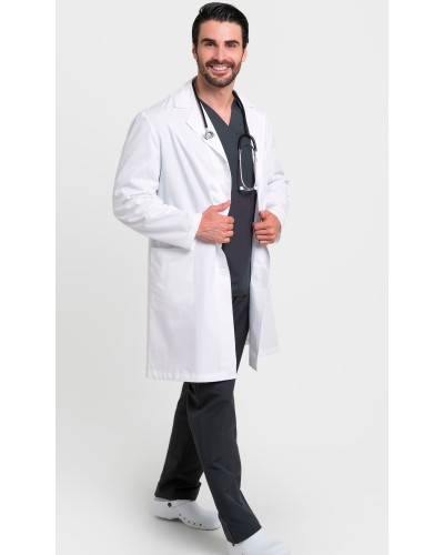 Bata hombre cuello solapa. Blanco. 65% Poliéster - 35% Algodón.