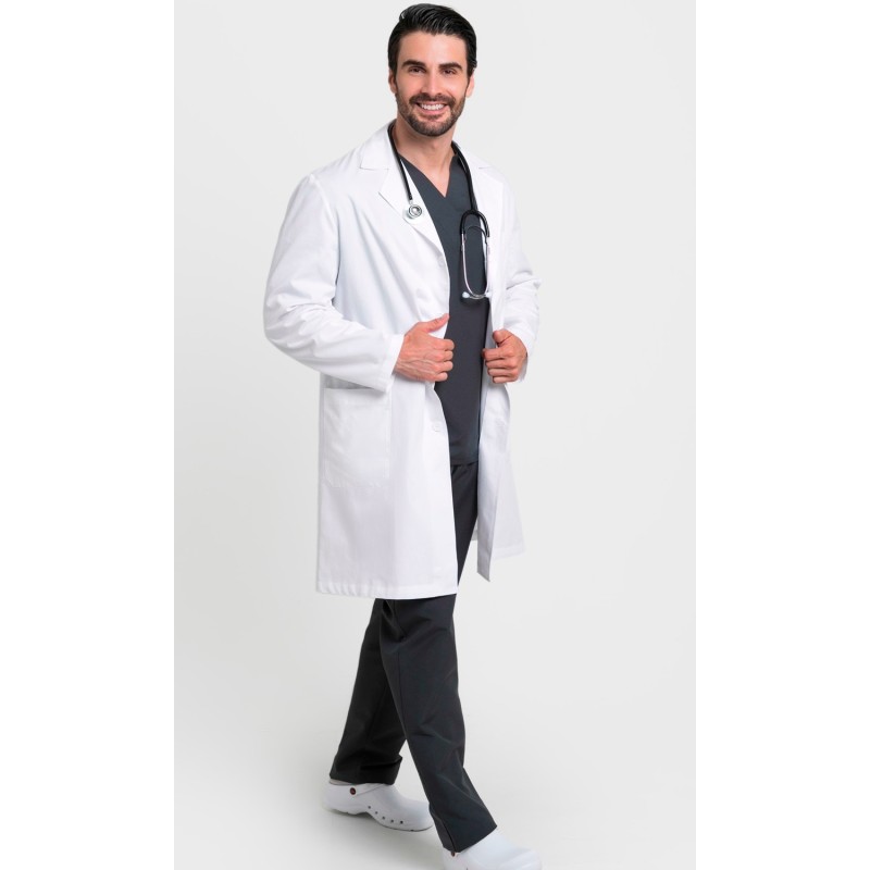Bata hombre cuello solapa. Blanco. 65% Poliéster - 35% Algodón.