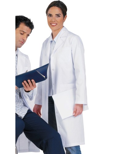 Bata unisex cuello solapa m/l. Blanco. 65% Poliéster - 35% Algodón.