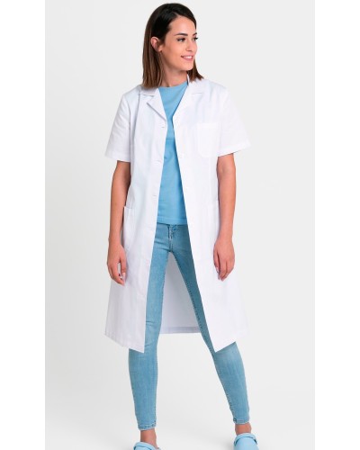 Bata unisex cuello solapa m/c. Blanco. 65% Poliéster - 35% Algodón.