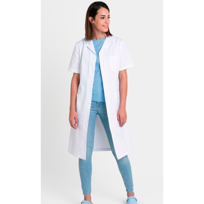 Bata unisex cuello solapa m/c. Blanco. 65% Poliéster - 35% Algodón.
